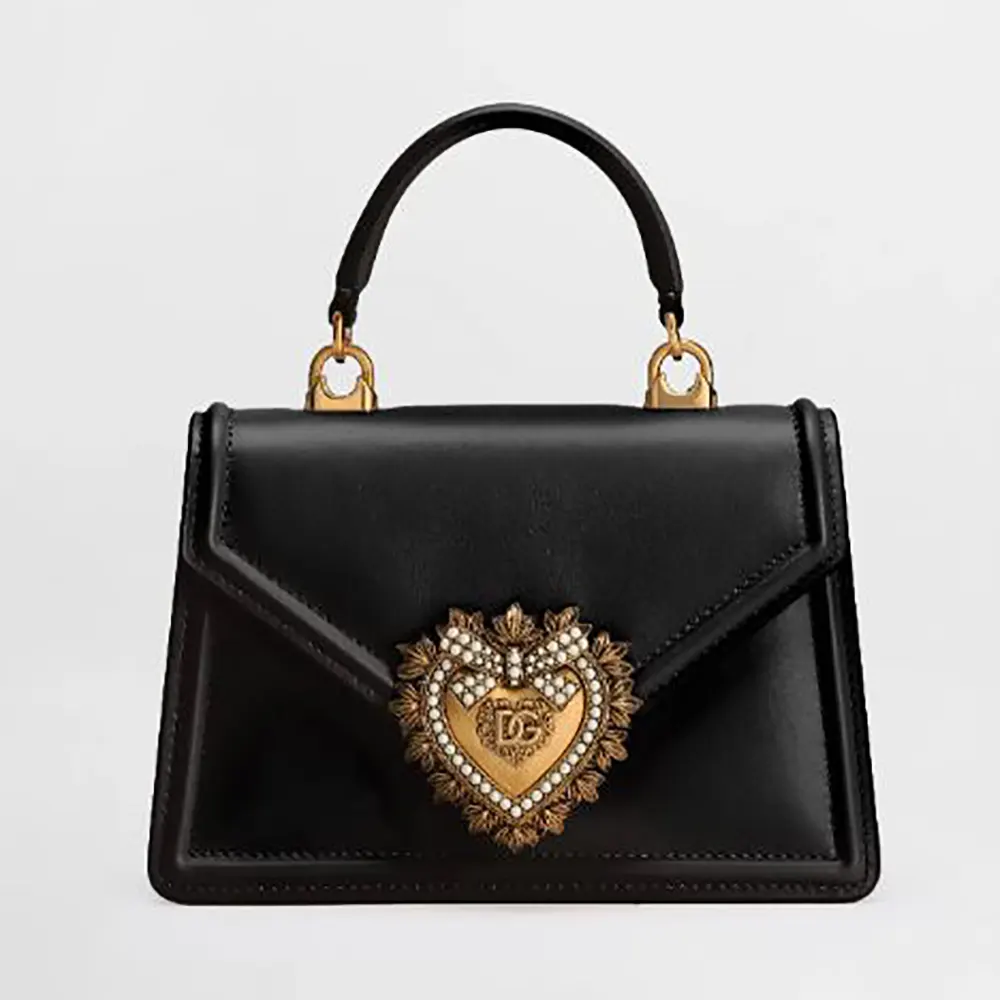 Front view of Dolce Gabbana D&G Women Medium Smooth Calfskin Devotion Bag-Black