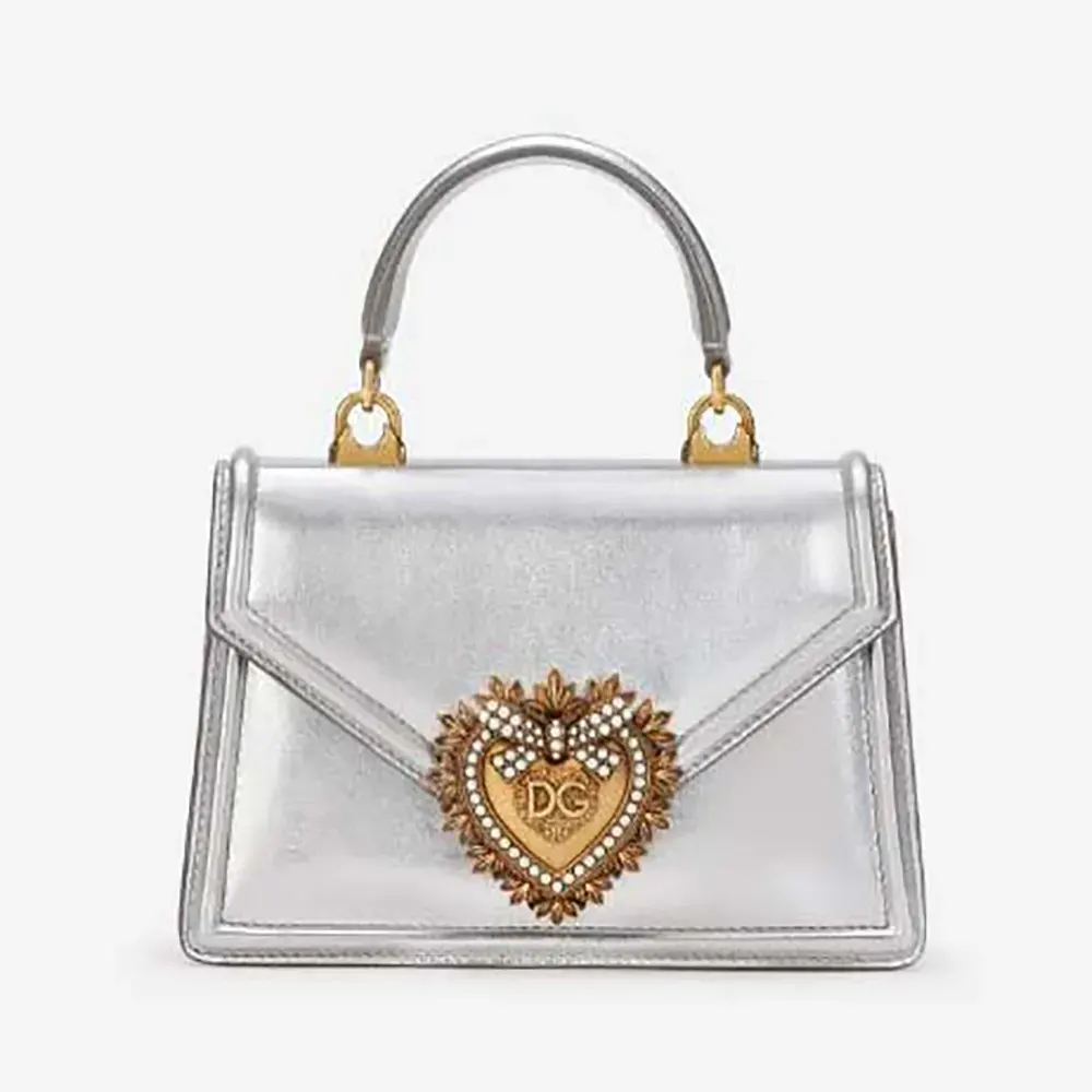 Front view of Dolce Gabbana D&G Women Medium Devotion Bag silver leather