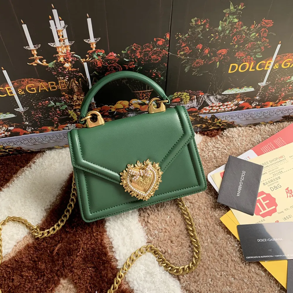 Side angle showing smooth calfskin texture on Dolce Gabbana Devotion Bag-Green