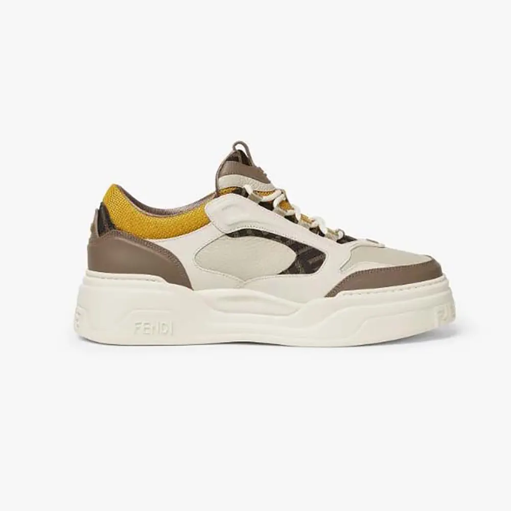 Side profile of Fendi Unisex Fendi Force Sneakers White Brown and Yellow Leather Low-tops