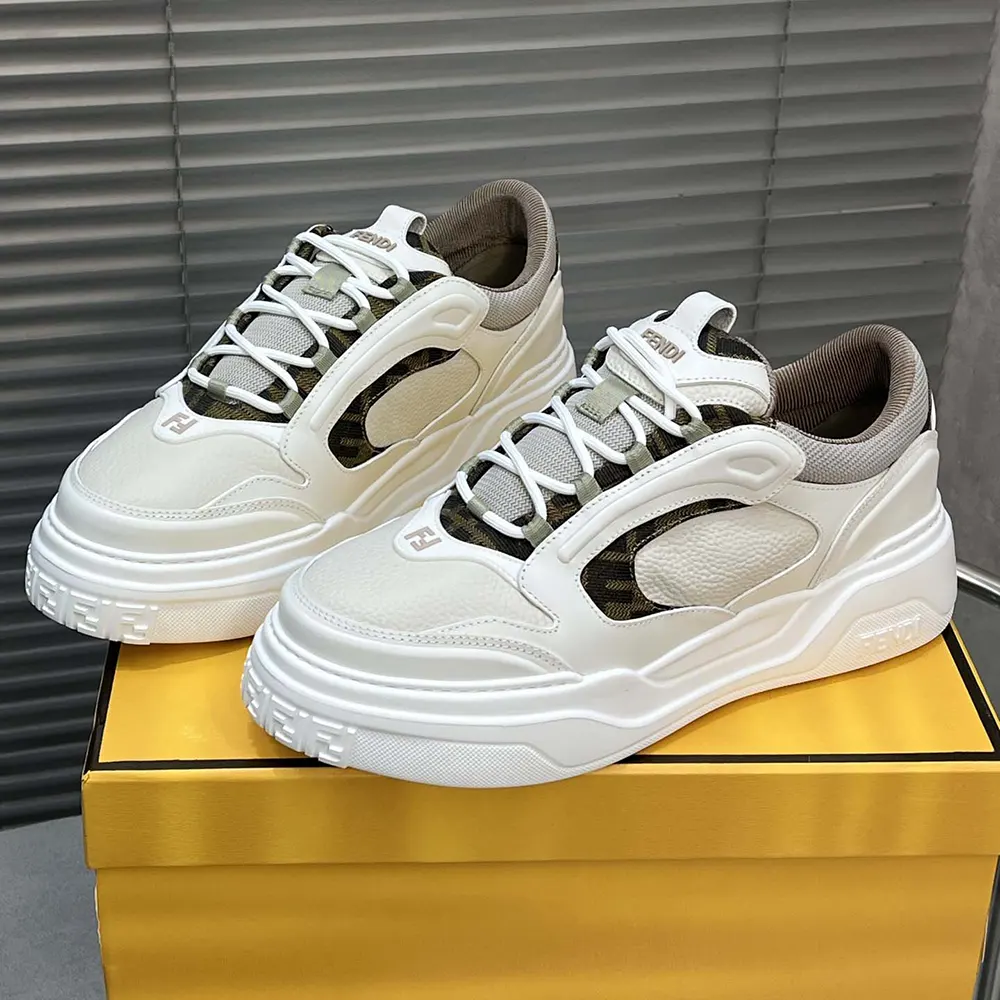 Top view showing white leather and lace-up closure of Fendi sneakers