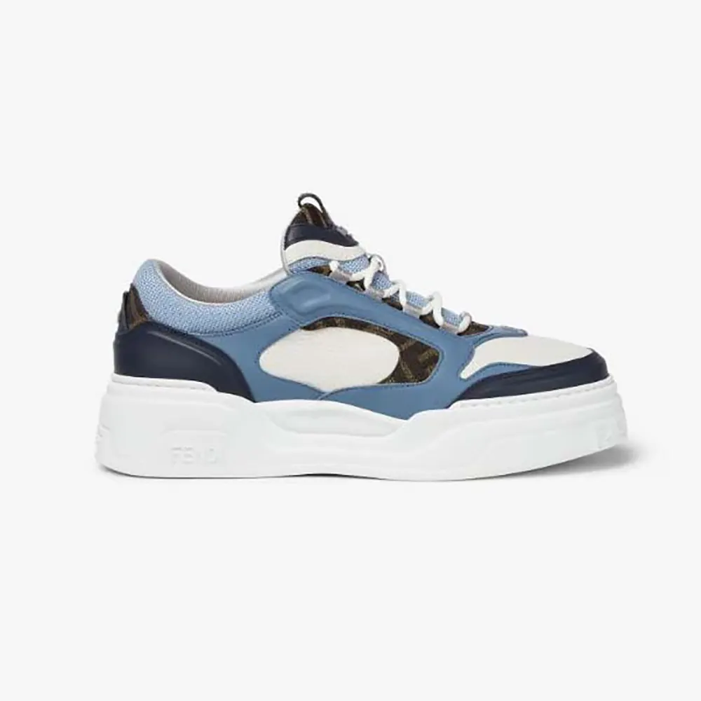 Side view of Fendi Unisex Force Sneakers White Light Blue and Blue Leather Low-tops