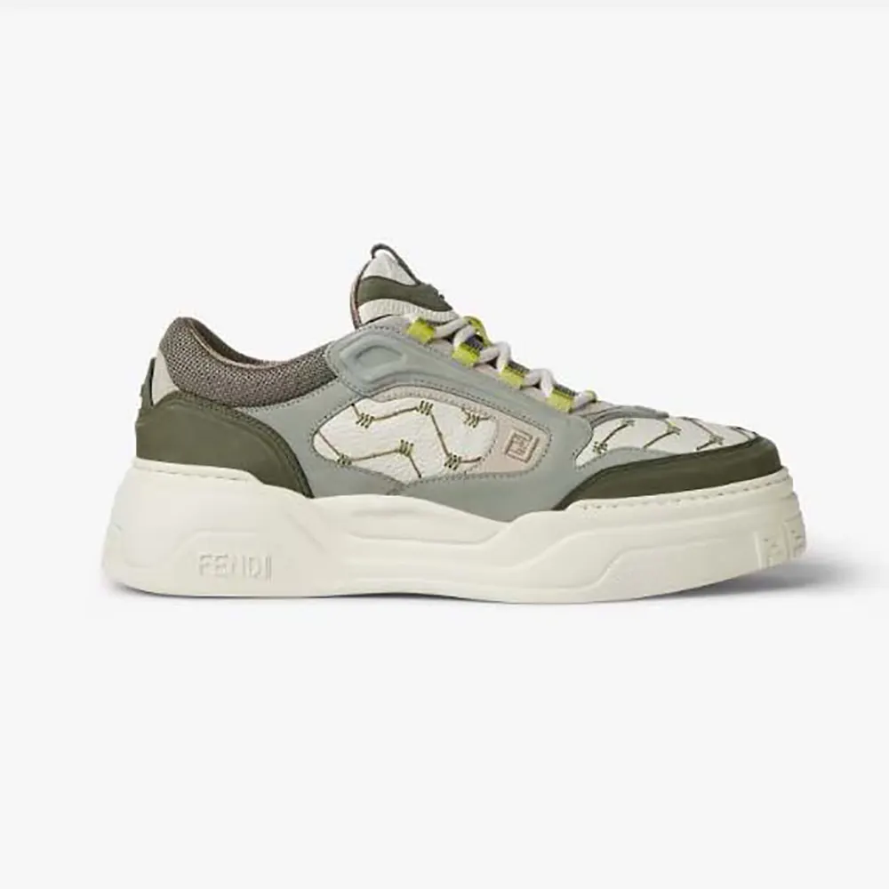 Side profile of Fendi Unisex Force Sneakers White Leather and Green Nubuck