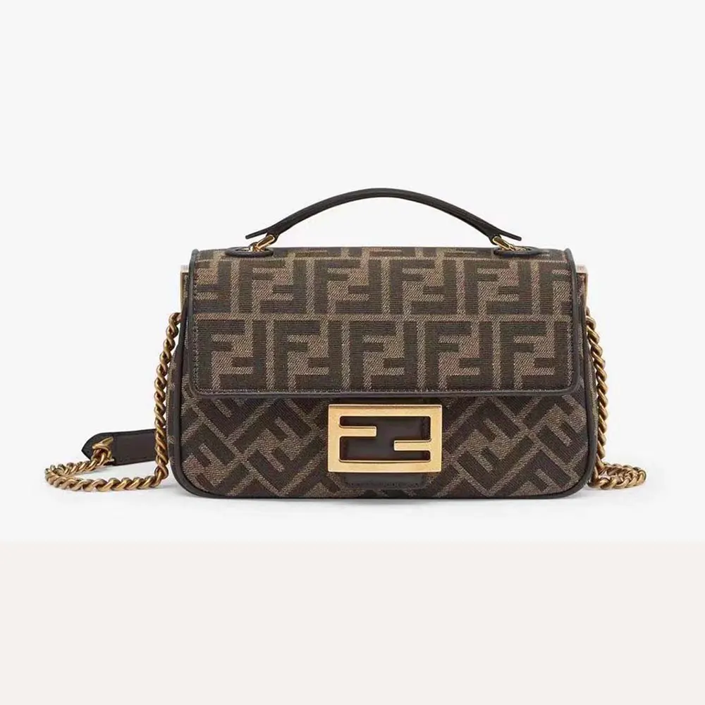 Front view of Fendi Women Baguette Chain MidiBrown FF Jacquard Fabric Bag