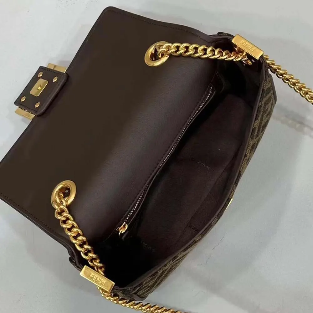 Fendi Women Baguette Chain MidiBrown FF Jacquard Fabric Bag - image 6