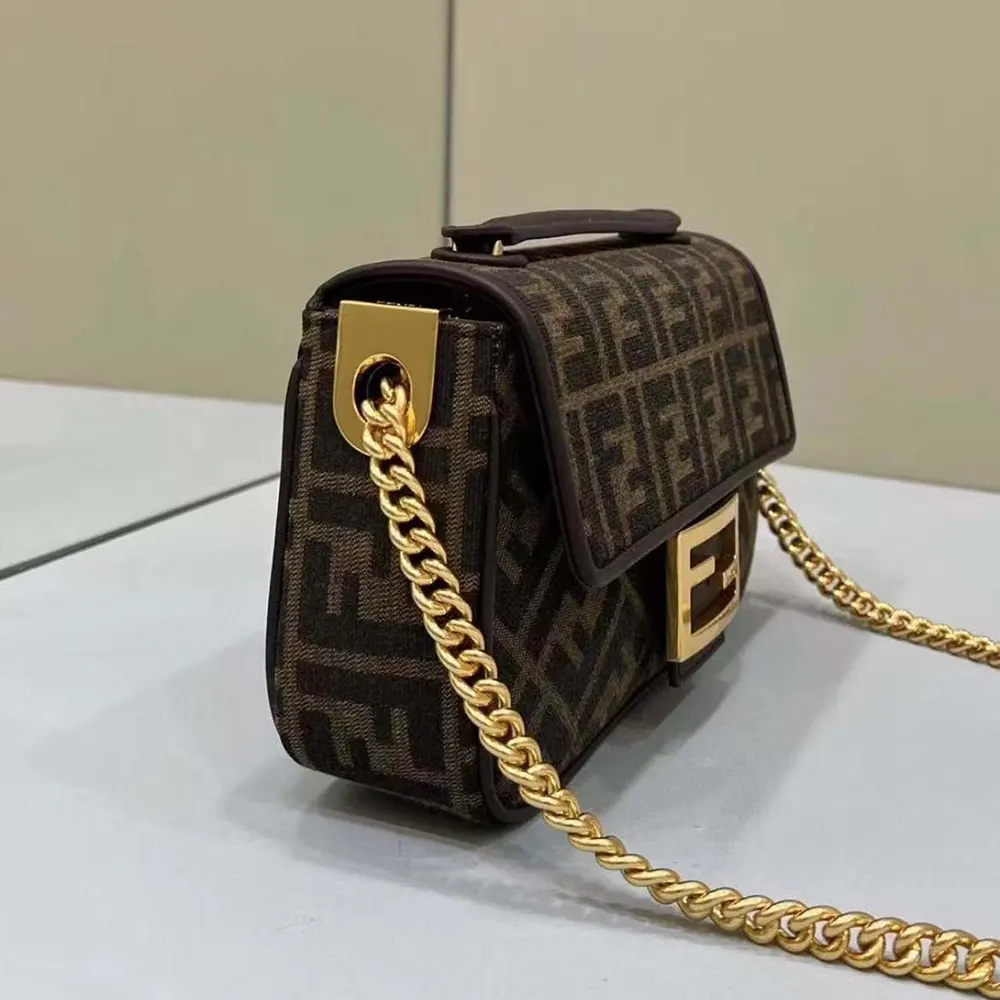 Fendi Women Baguette Chain MidiBrown FF Jacquard Fabric Bag - image 5