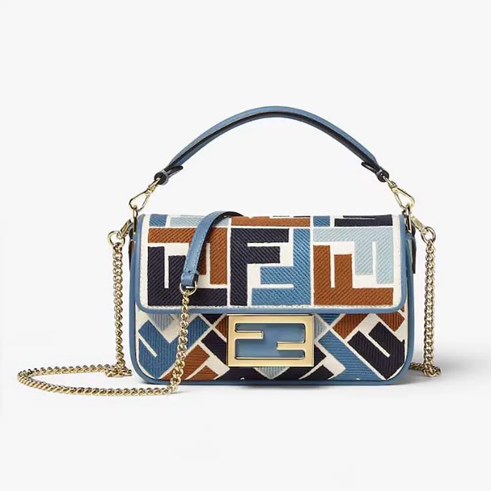 Front view of Fendi Women Baguette Mini Canvas Bag with Multicolor FF Embroidery