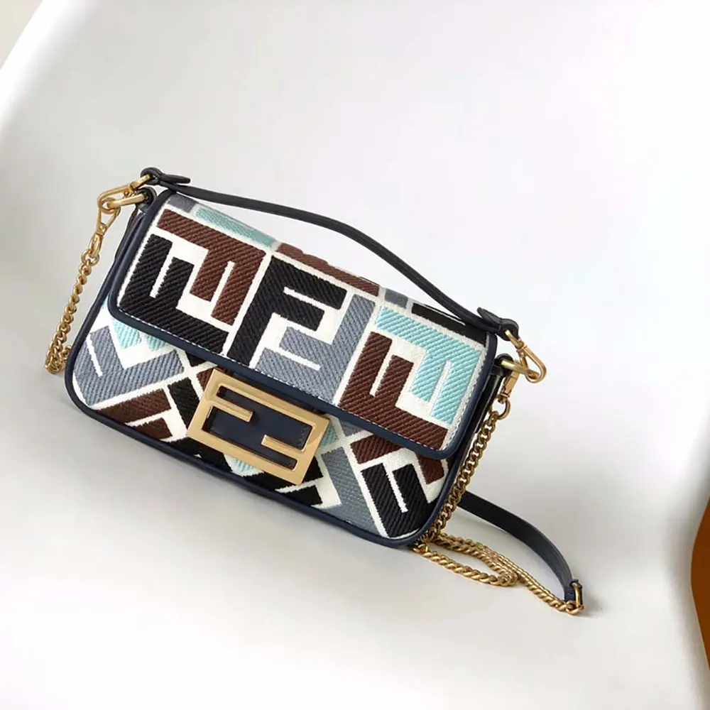 Close-up detail showing multicolor FF embroidery on Fendi Women Baguette Mini Canvas Bag