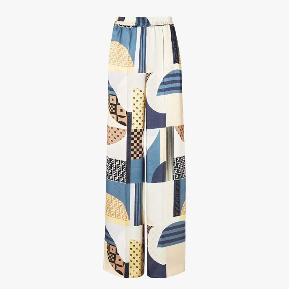 Front view of Fendi Women Blue Silk Pants with Patchwork Print