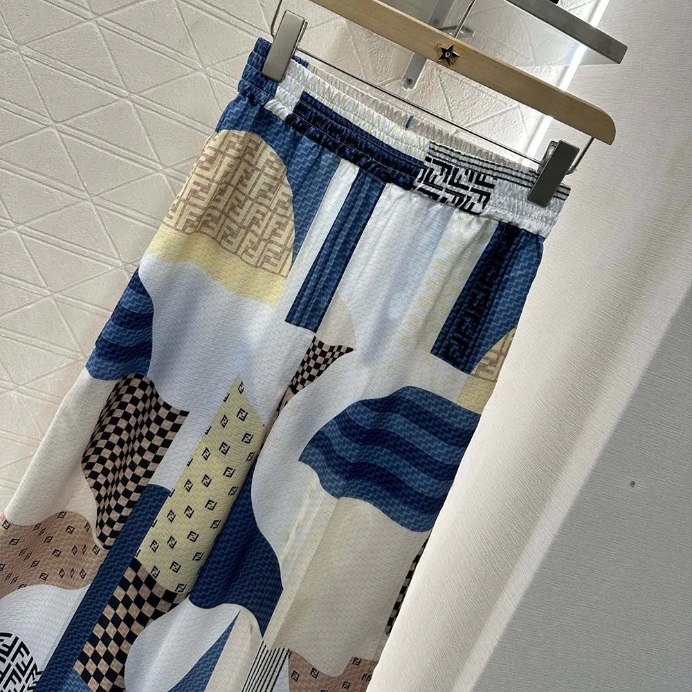 Fendi Women Blue Silk Pants with Patchwork Print - image 4