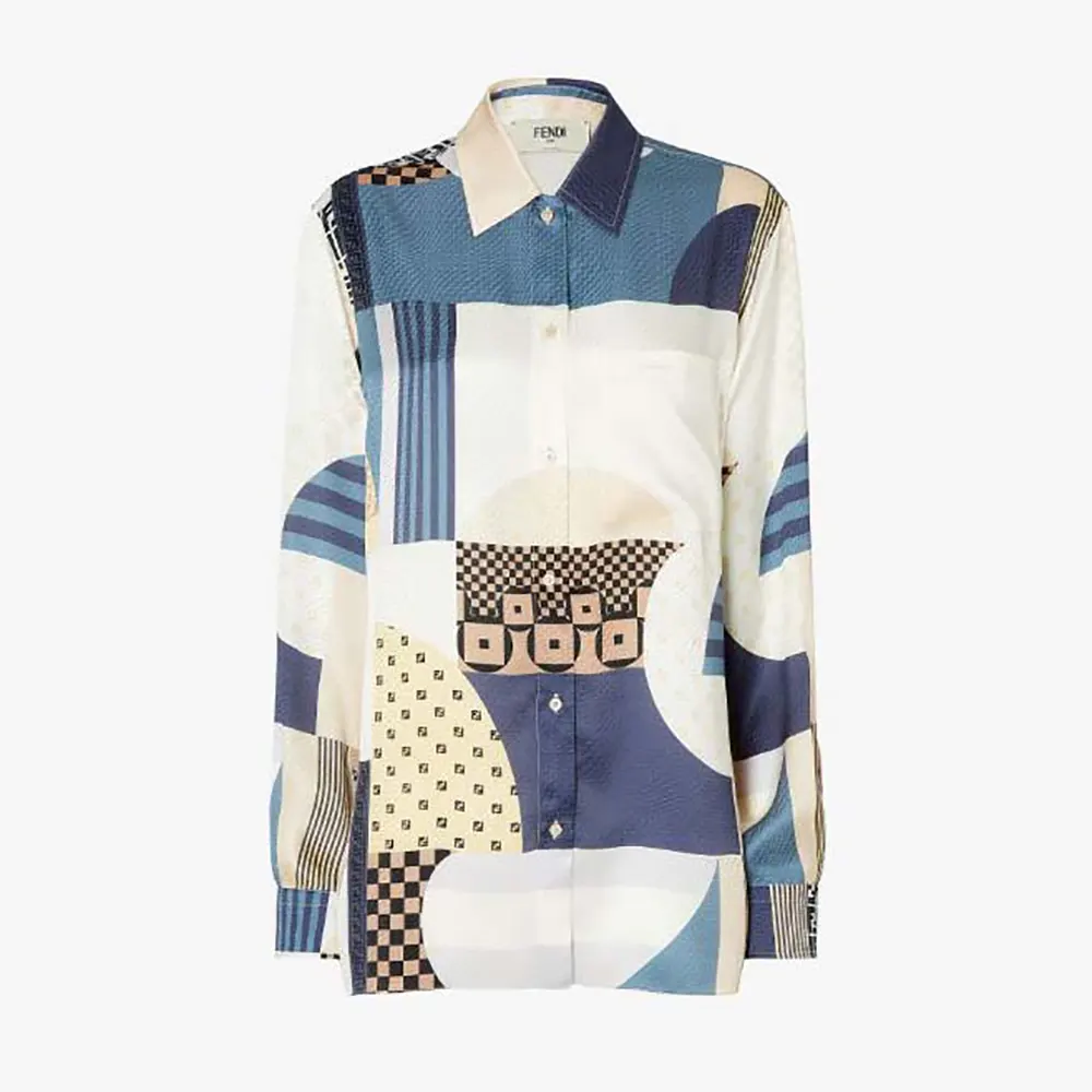 Front view of Fendi Women Blue Silk Shirt with Patchwork Print
