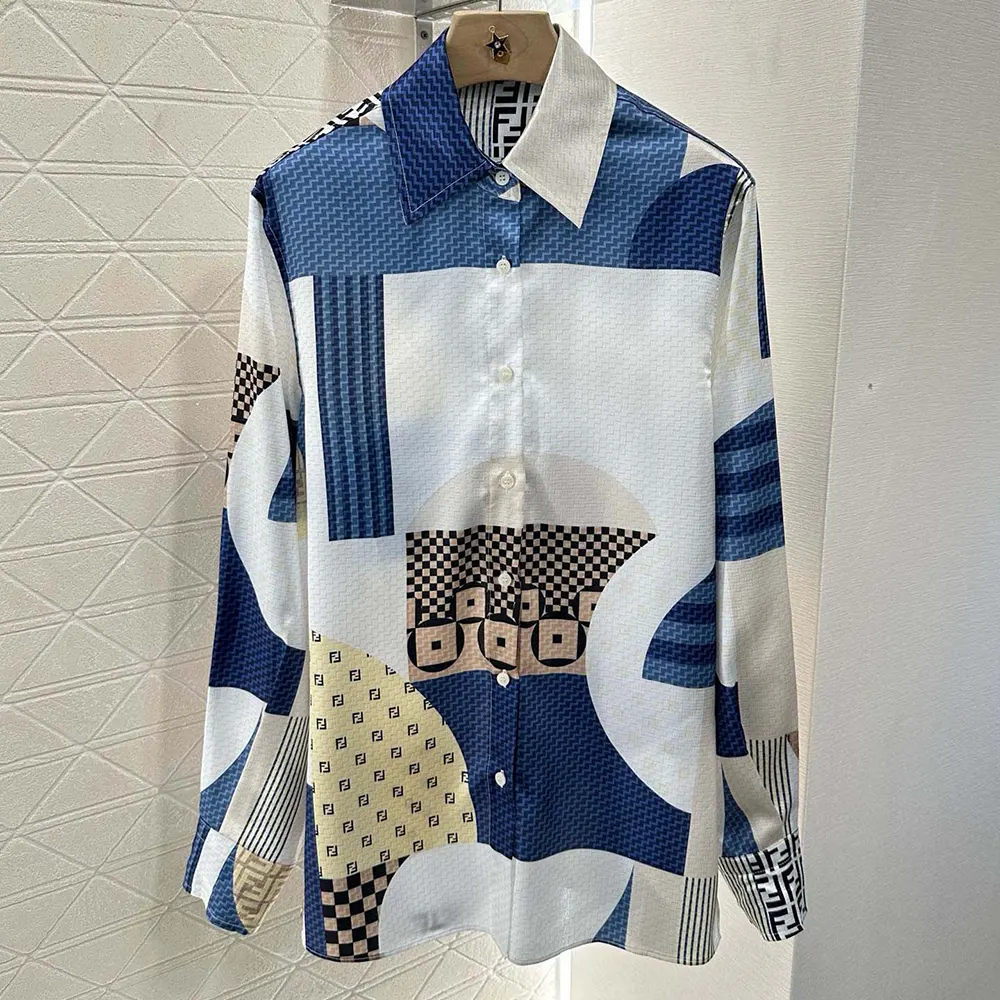 Close-up detail of patchwork print on Fendi Women Blue Silk Shirt