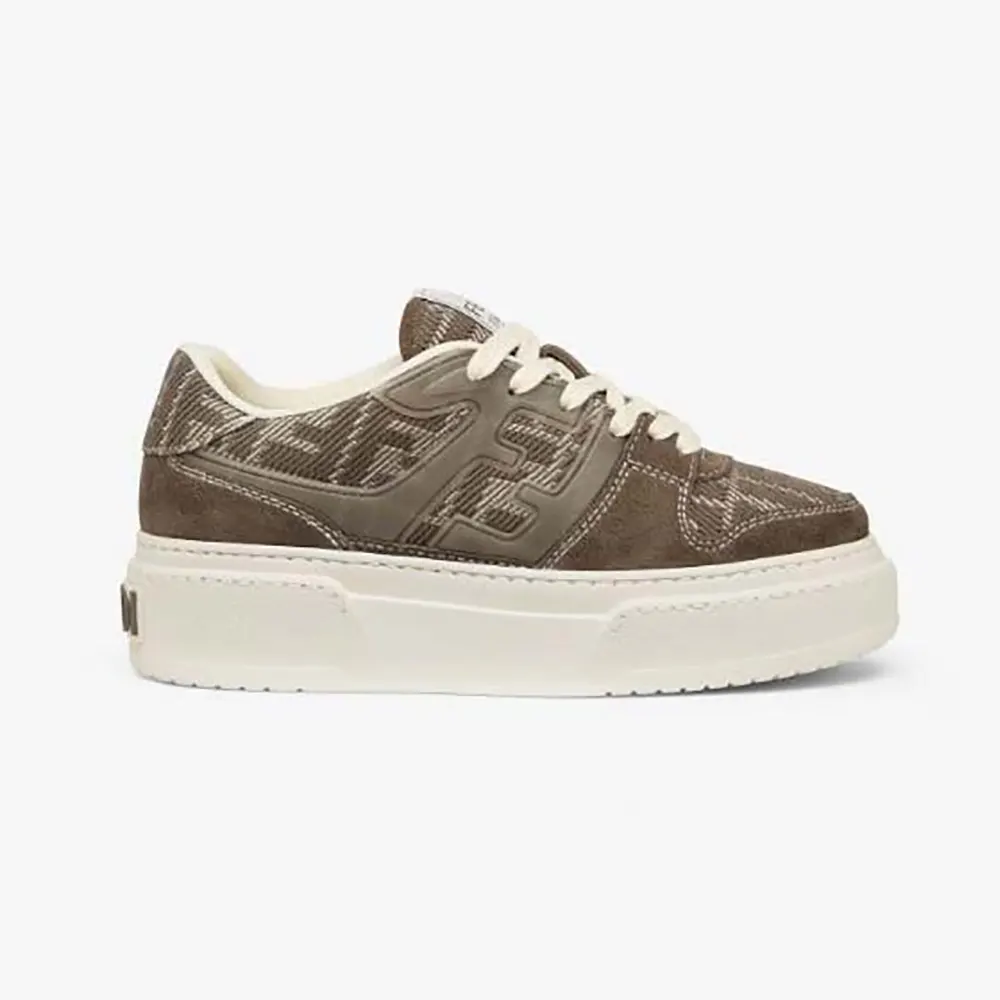 Side angle of Fendi Women Match Brown Denim-effect FF Jacquard and Suede Platform Low Tops