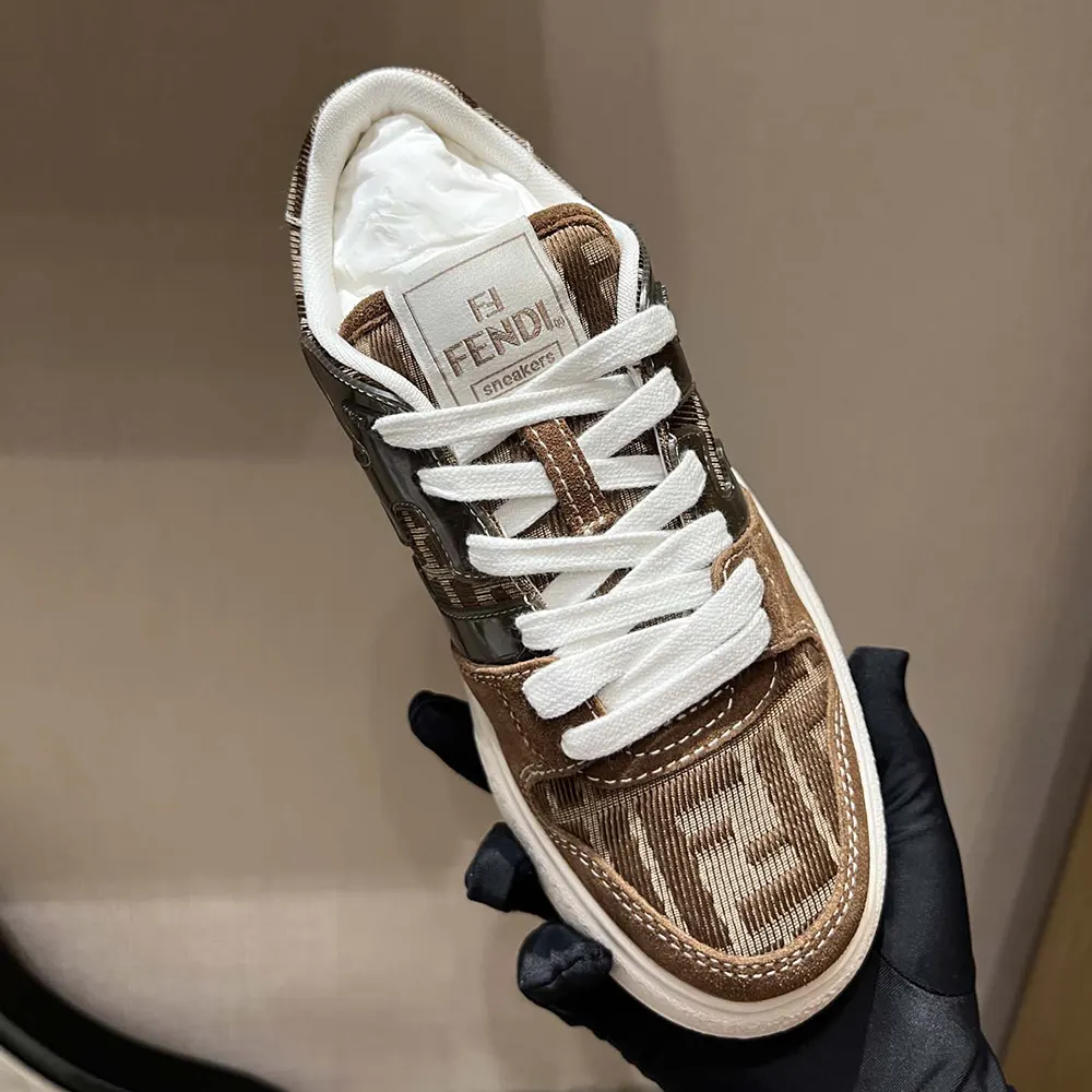 Fendi Women Match Brown Denim-effect FF Jacquard and Suede Platform Low Tops - image 6