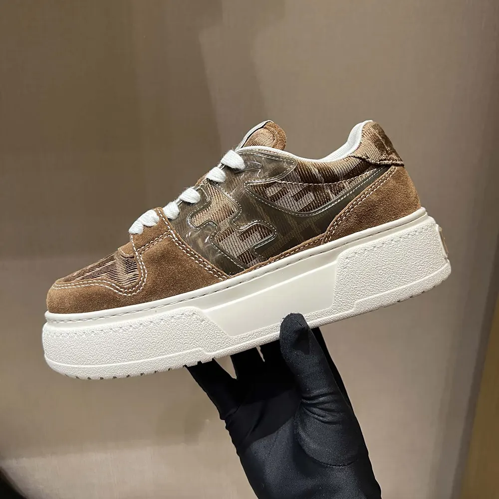 Fendi Women Match Brown Denim-effect FF Jacquard and Suede Platform Low Tops - image 4