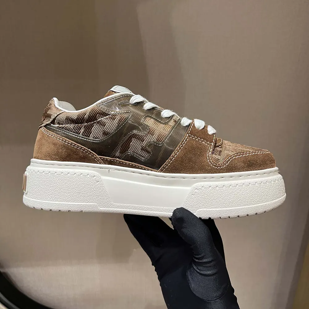 Top view of lace-up closure on Fendi Women Match Brown Denim-effect Platform Low Tops