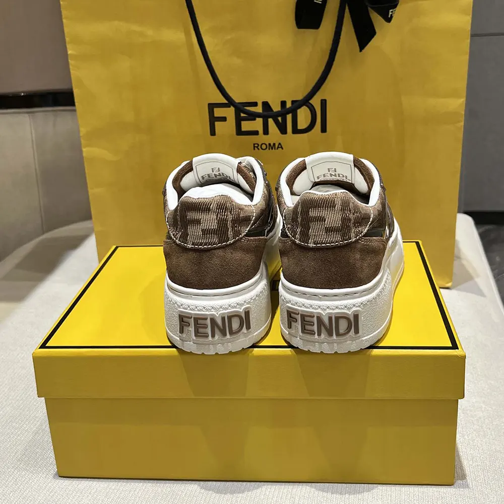 Fendi Women Match Brown Denim-effect FF Jacquard and Suede Platform Low Tops - image 7