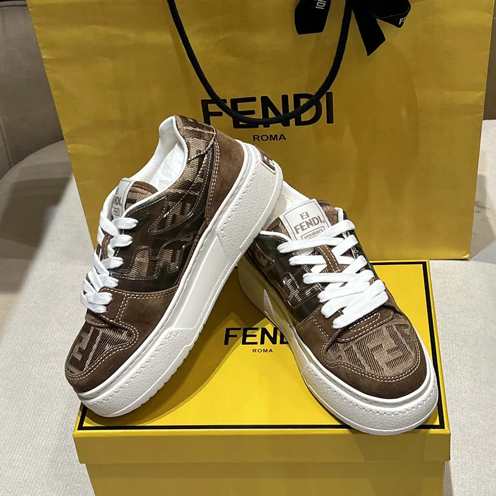 Fendi Women Match Brown Denim-effect FF Jacquard and Suede Platform Low Tops - image 5