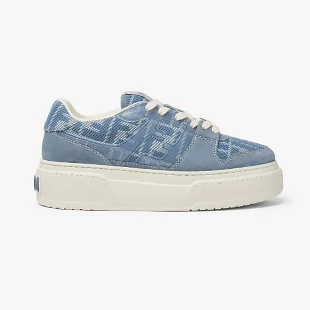 Side view of Fendi Women Match Denim-effect FF Jacquard and Light Blue Suede Platform Low Tops