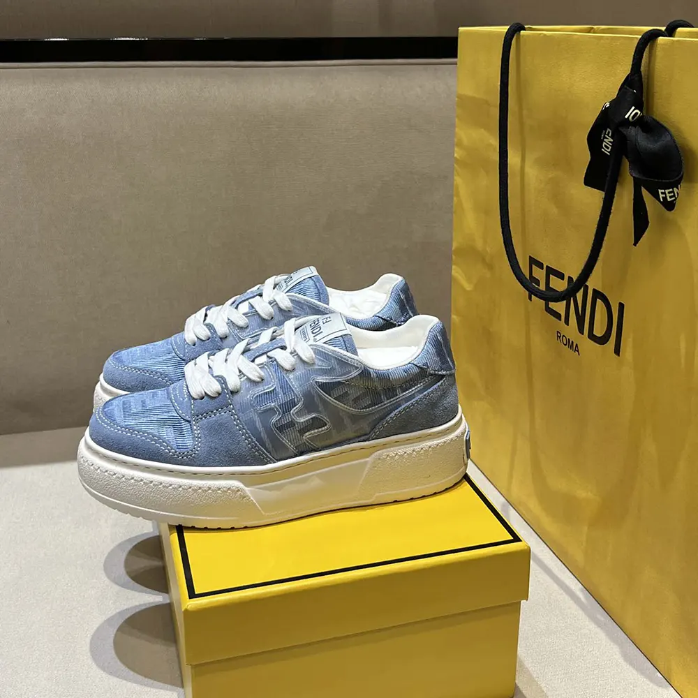 Fendi Women Match Denim-effect FF Jacquard and Light Blue Suede Platform Low Tops - image 4