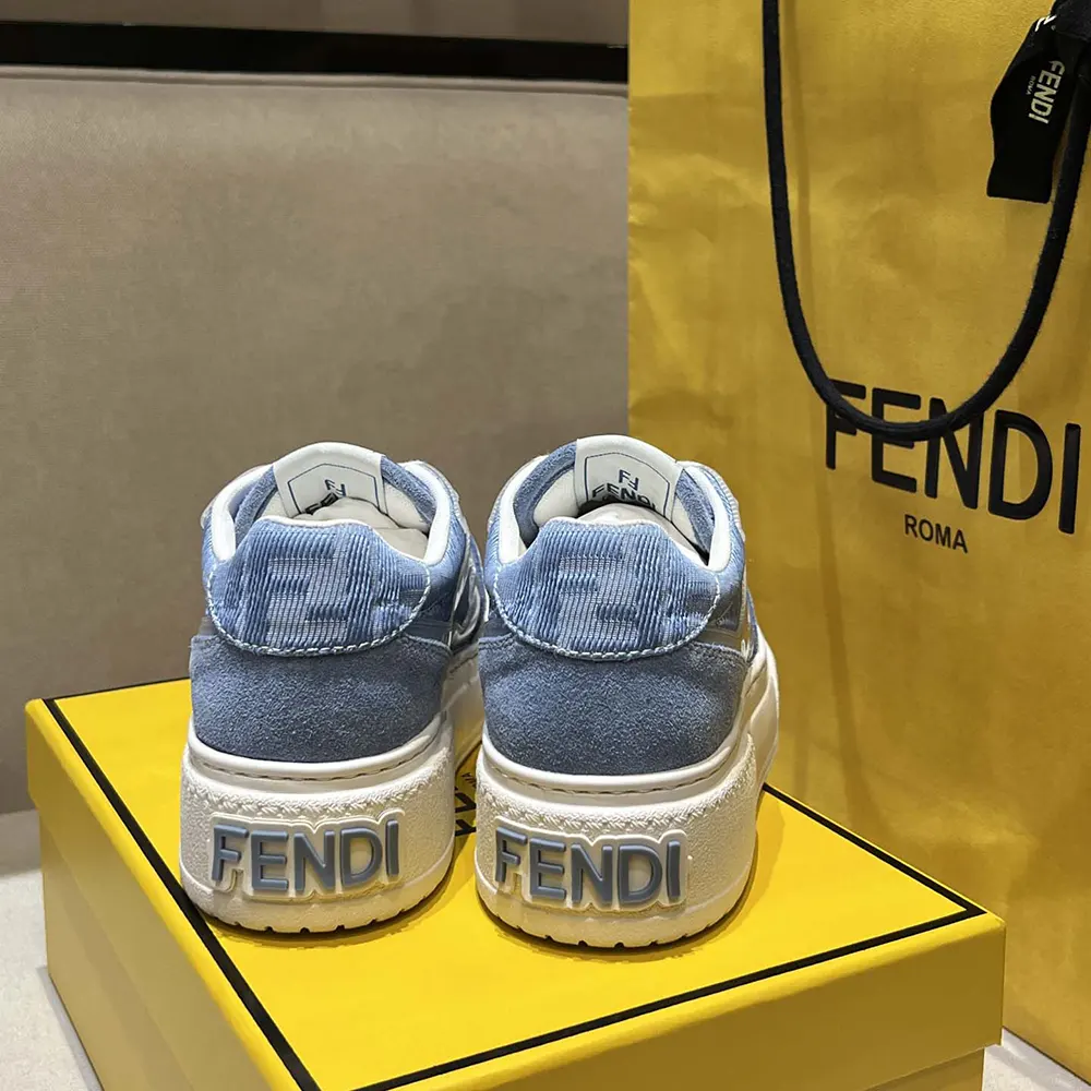 Fendi Women Match Denim-effect FF Jacquard and Light Blue Suede Platform Low Tops - image 9