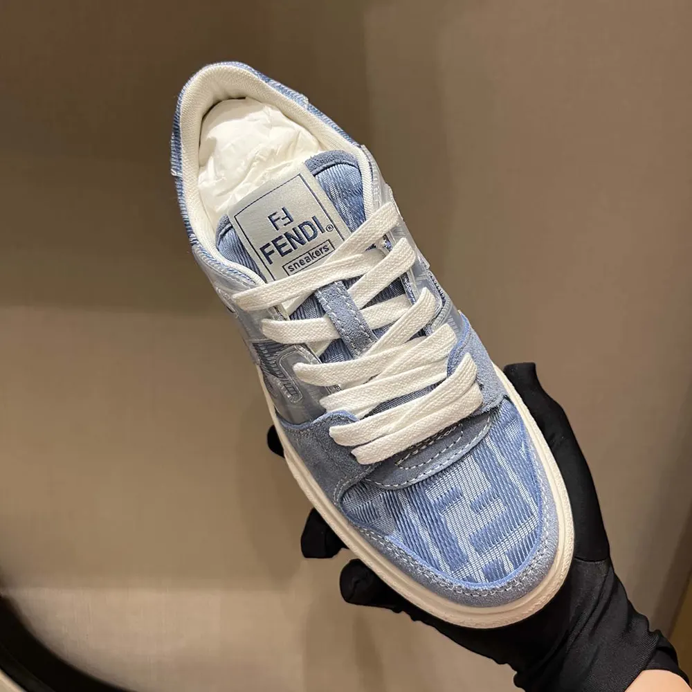 Fendi Women Match Denim-effect FF Jacquard and Light Blue Suede Platform Low Tops - image 7