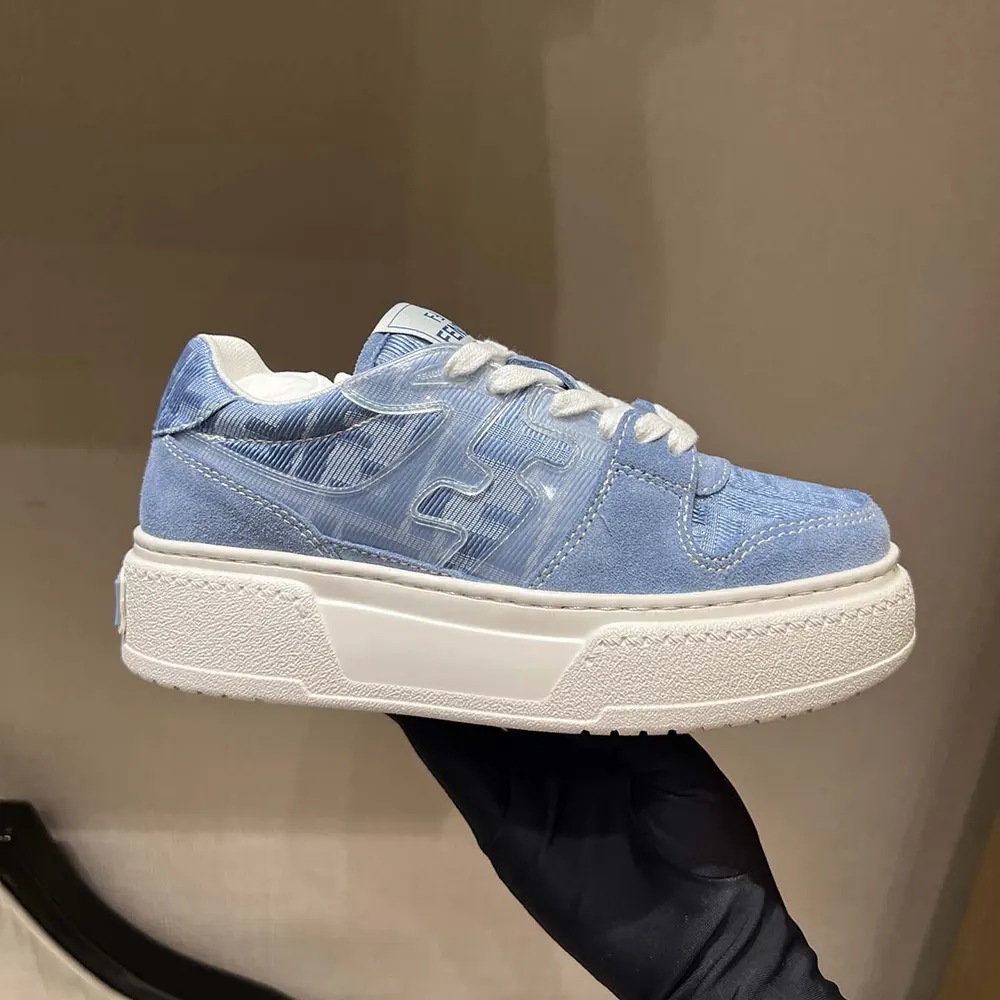 Fendi Women Match Denim-effect FF Jacquard and Light Blue Suede Platform Low Tops - image 6