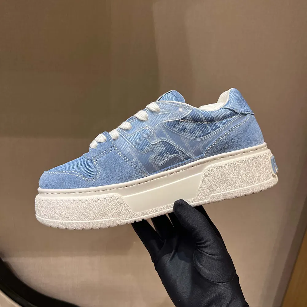 Fendi Women Match Denim-effect FF Jacquard and Light Blue Suede Platform Low Tops - image 5