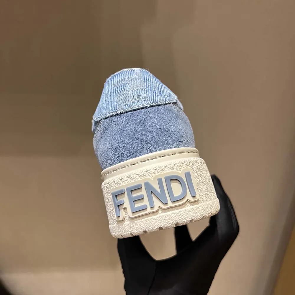 Fendi Women Match Denim-effect FF Jacquard and Light Blue Suede Platform Low Tops - image 8