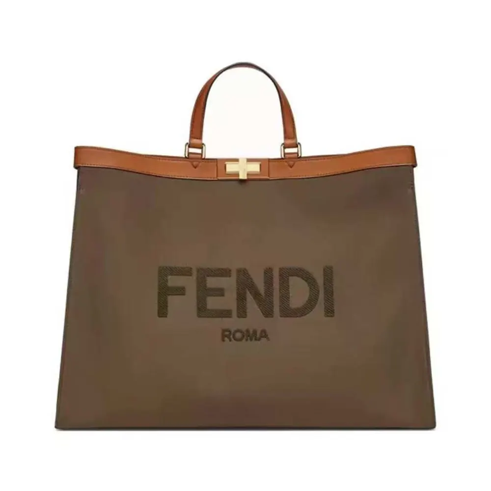 Front angle view of Fendi Women Peekaboo X-Tote Embroidered Neutral Canvas Bag