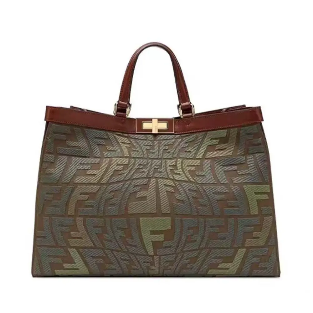 Front view of Fendi Women Peekaboo X-Tote Embroidered Green Canvas Bag