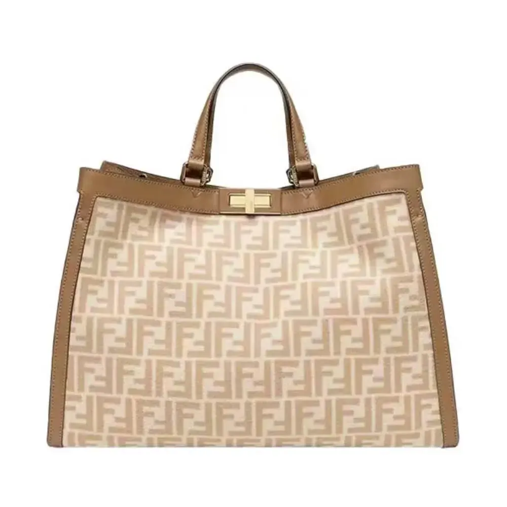 Front view of Fendi Women Peekaboo X-Tote Embroidered Neutral Canvas Bag