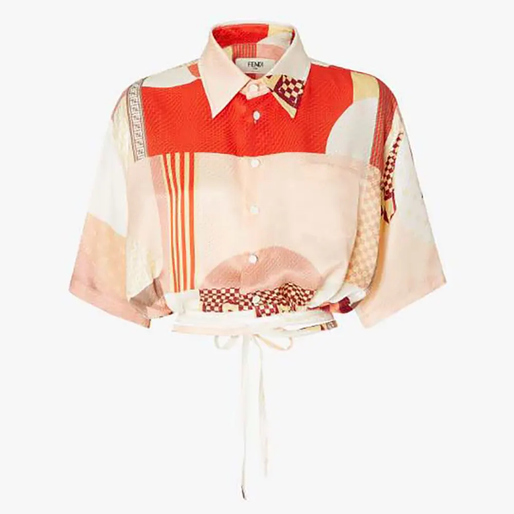 Front view of Fendi Women Pink Silk Shirt with Patchwork Print