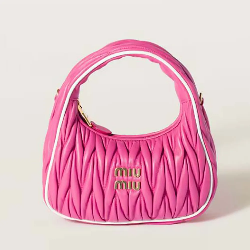 Front angle of Miu Miu Women Wander Matelassé Nappa Leather Bag-Pink/White