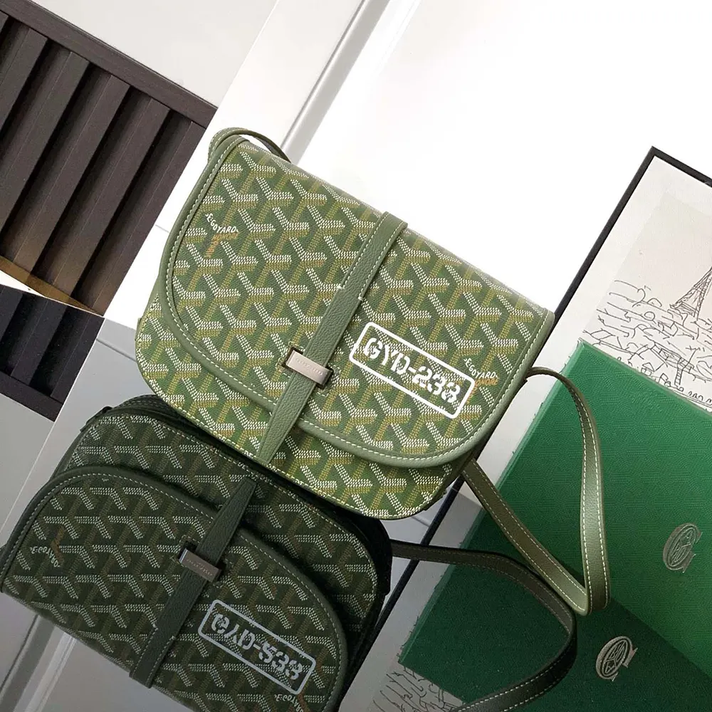 Close-up of green Goyardine canvas and gold hardware details