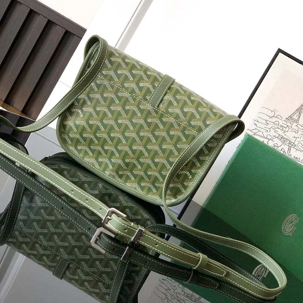 Side angle of Goyard Unisex Belvedere PM Bag-Green showing leather trim