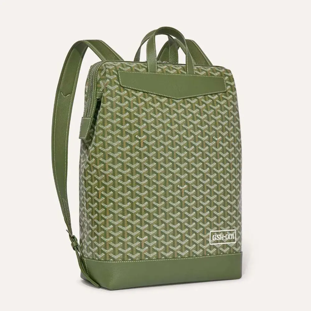 Front angle view of Goyard Unisex Cisalpin Backpack-Green showcasing green coated canvas