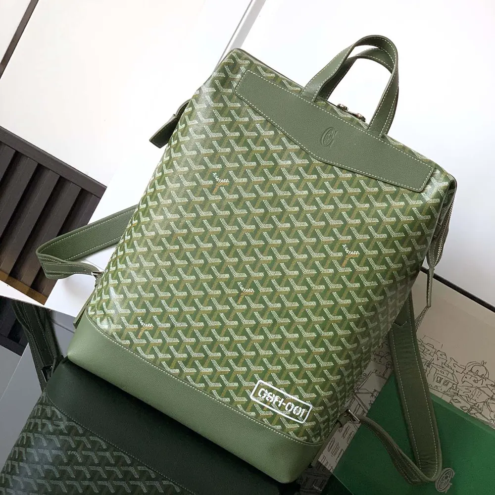Close-up of brushed gold hardware and zipper on Goyard Unisex Cisalpin Backpack-Green