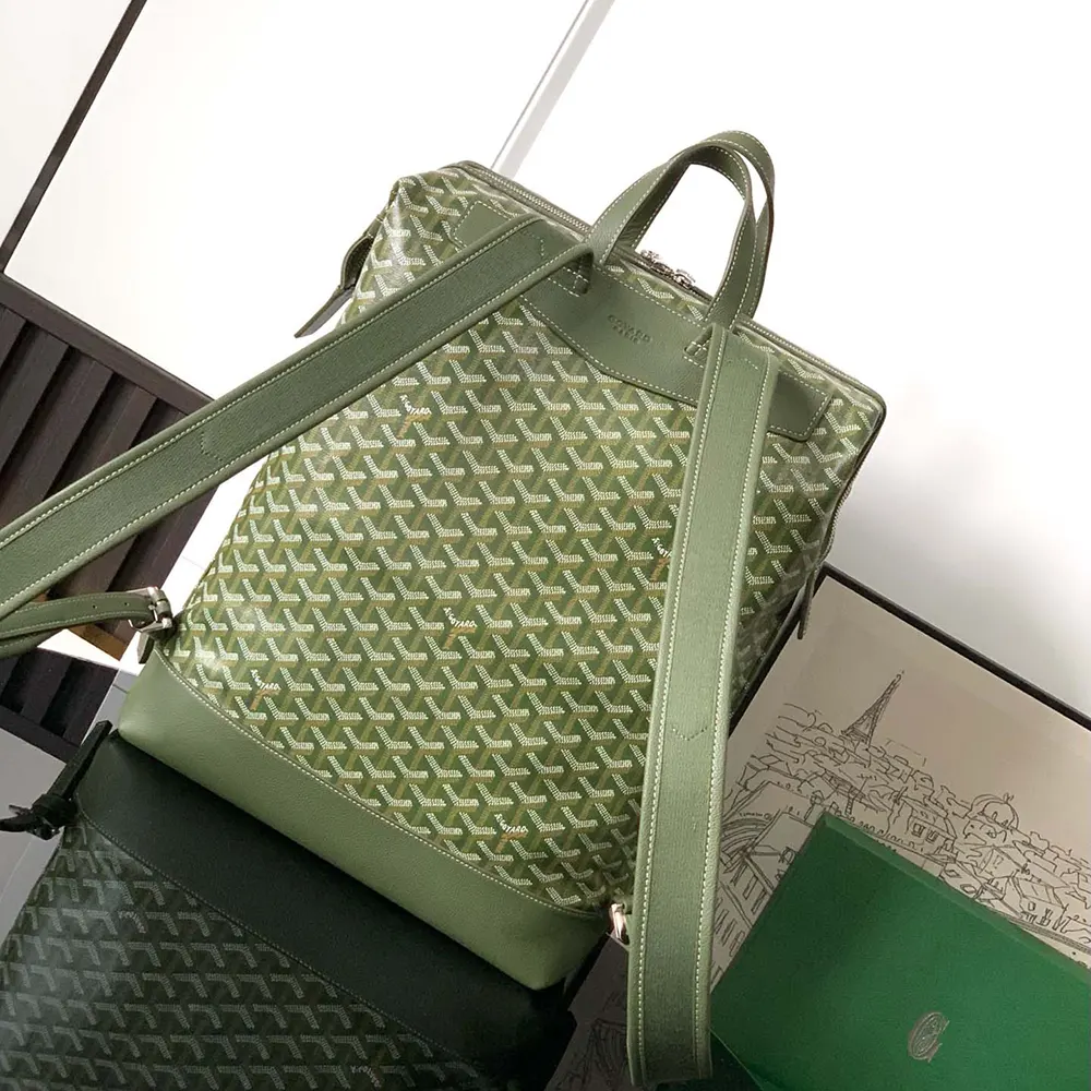 Side profile highlighting silhouette and adjustable straps of Goyard Unisex Cisalpin Backpack-Green