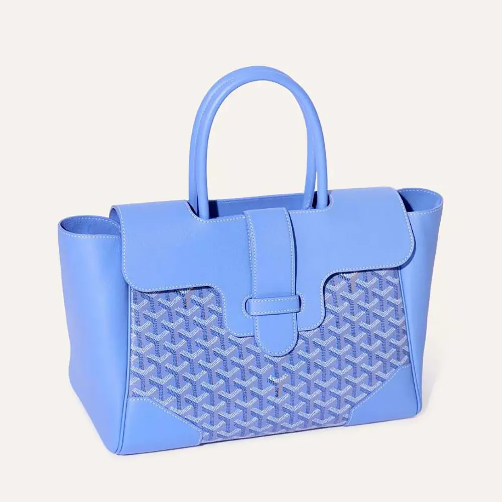 Front view of Goyard Women Saïgon Tote Bag-Blue with zip closure