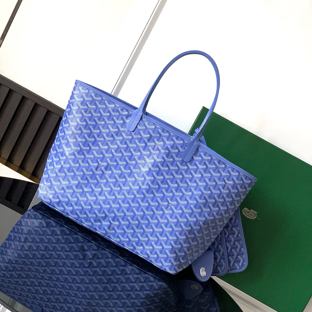 Close-up detail of Goyardine canvas pattern on Saint Louis GM Bag-Blue