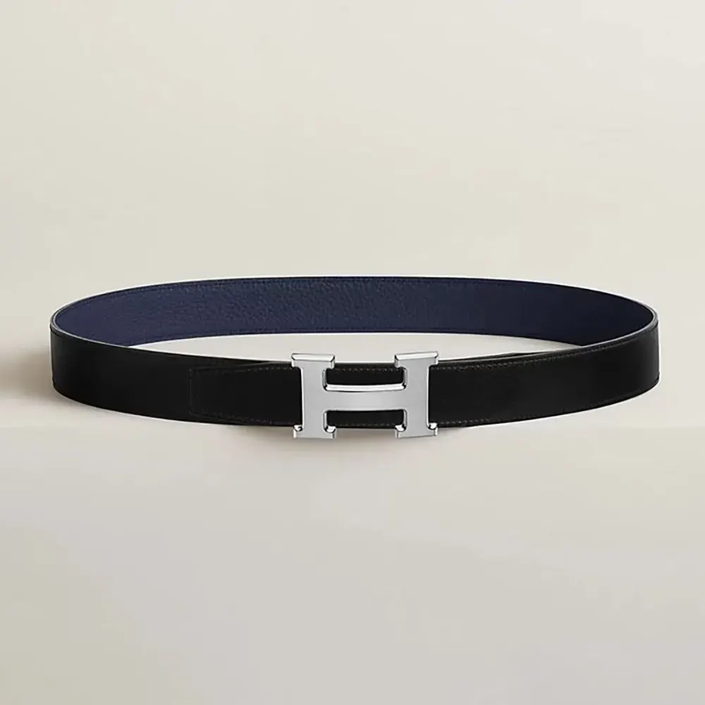 Hermes Unisex H Belt Buckle & Reversible Leather Strap 32 mm-Black/Navy