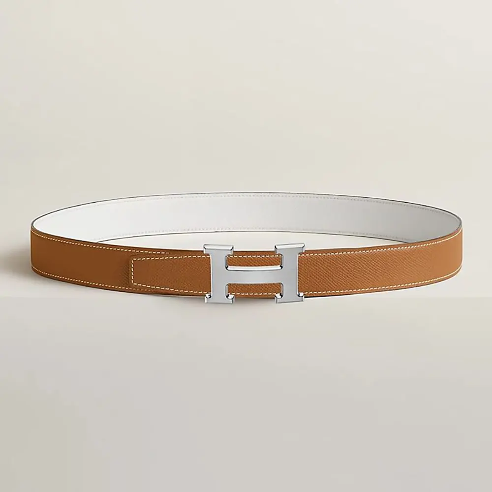 Hermes Unisex H Belt Buckle & Reversible Leather Strap 32 mm-White/Brown