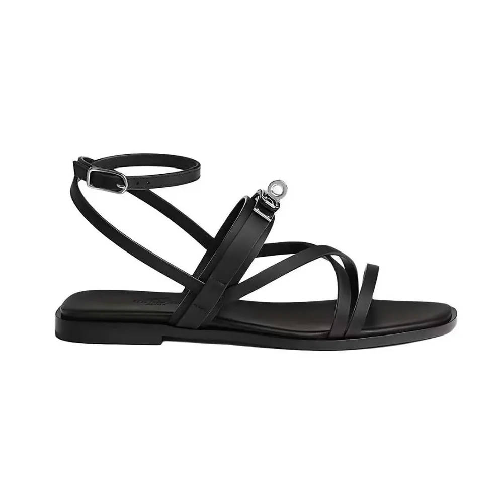 Side profile of Hermes Women June Sandal in Calfskin-Black showcasing silhouette