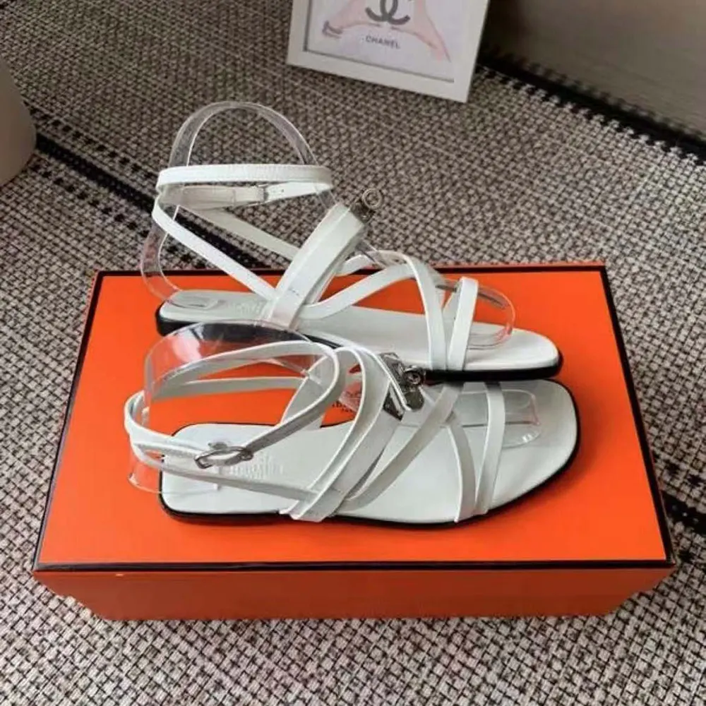 Top-down view of Hermes Women June Sandal in Calfskin-White