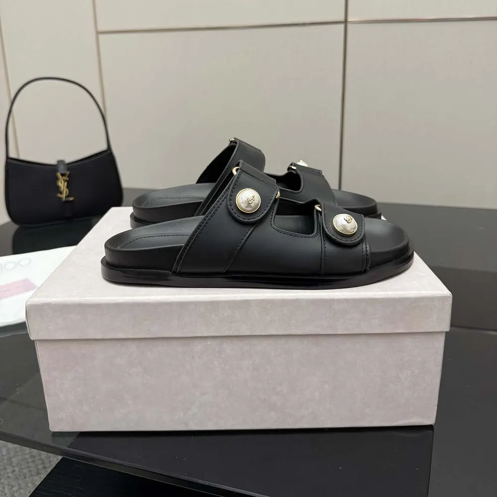 Jimmy Choo Women Fayence Sandal Black Leather Flat Sandals with Pearl Embellishment - image 4