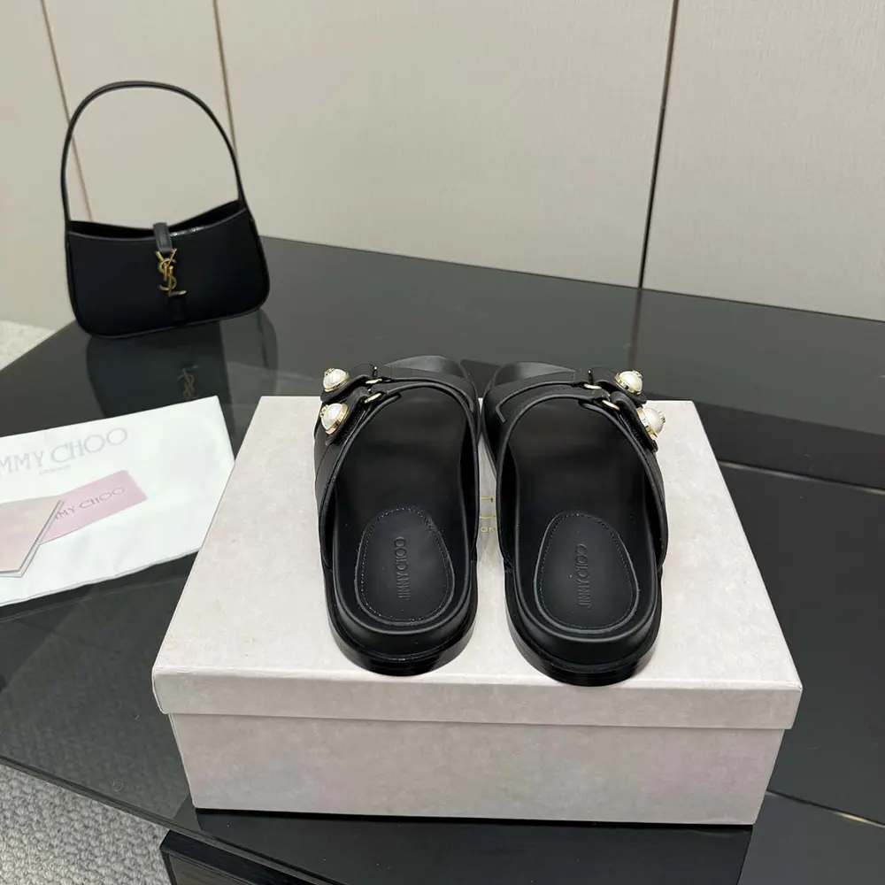 Jimmy Choo Women Fayence Sandal Black Leather Flat Sandals with Pearl Embellishment - image 7