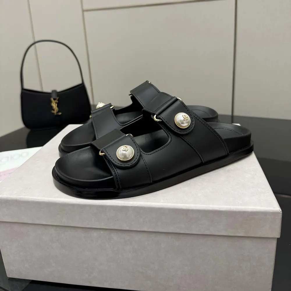 Jimmy Choo Women Fayence Sandal Black Leather Flat Sandals with Pearl Embellishment - image 6
