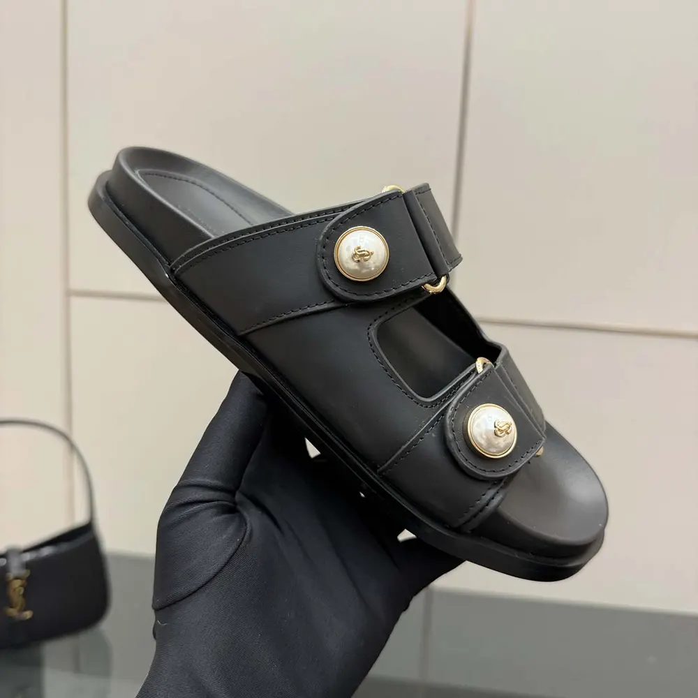 Jimmy Choo Women Fayence Sandal Black Leather Flat Sandals with Pearl Embellishment - image 9