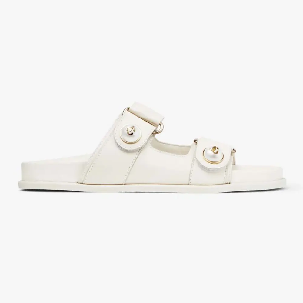 Side view of Jimmy Choo Women Fayence Sandal Latte Leather Flat Sandals with pearl detail